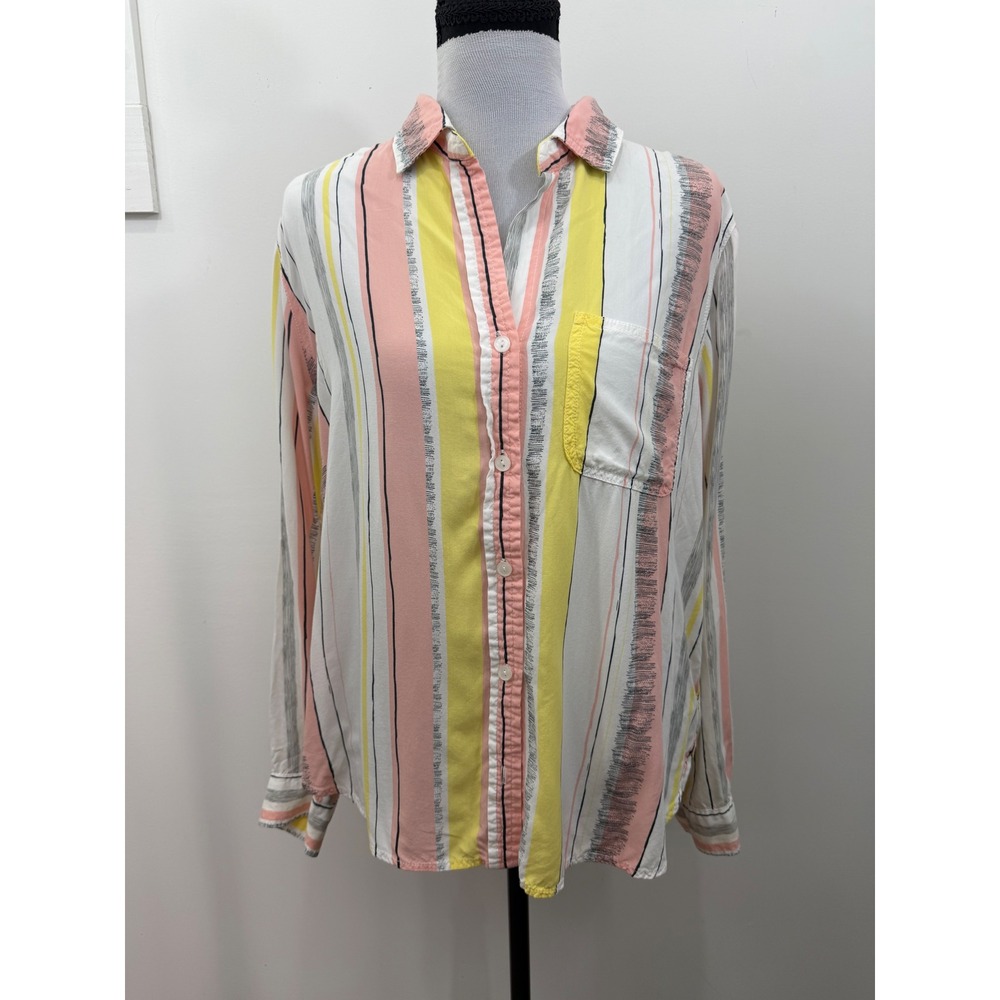 Velvet Heart Striped Button Down Shirt Pink Yellow Rayon L 2HM-20619
